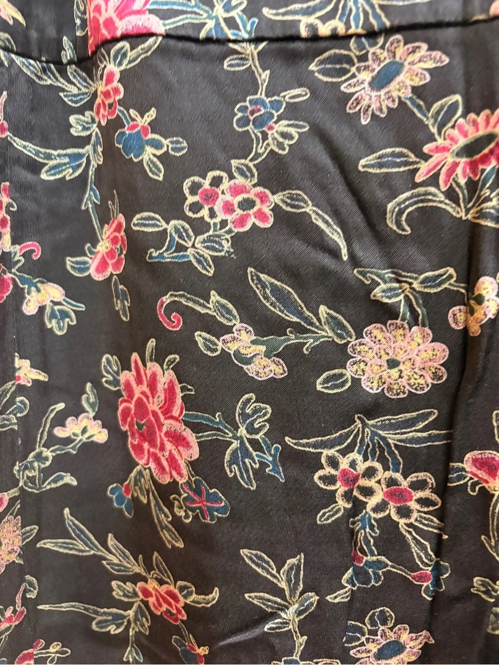 Black Floral Midi Silk Skirt with Pink Accents